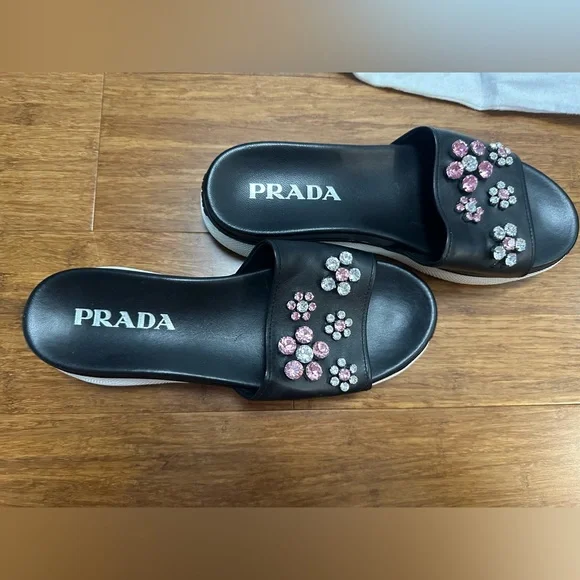 Prada Leather Slides with Rhinestone Detail Lightly Worn Size 38.5 (8)